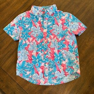 Vineyard Vines Boy 7  Floral Print SS Button Whale Logo Shirt Stretch EUC